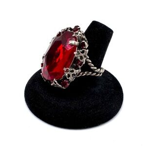 Vintage West Germany Statement Ring with Red Acrylic Lucite and Adjustable Band